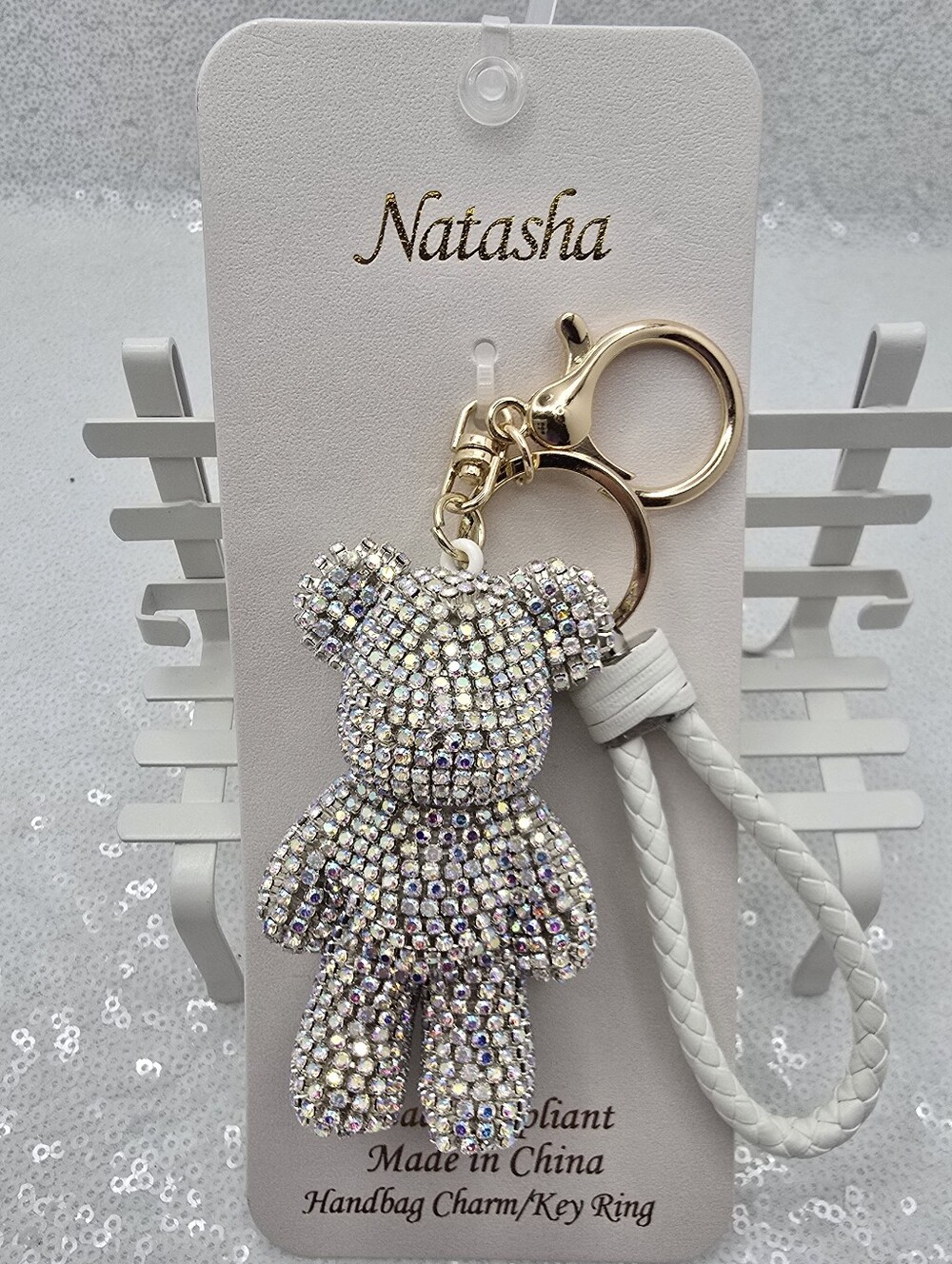 Natasha Pave Iridesent Rhinestone Teddy Bear Bag Charm Key Ring